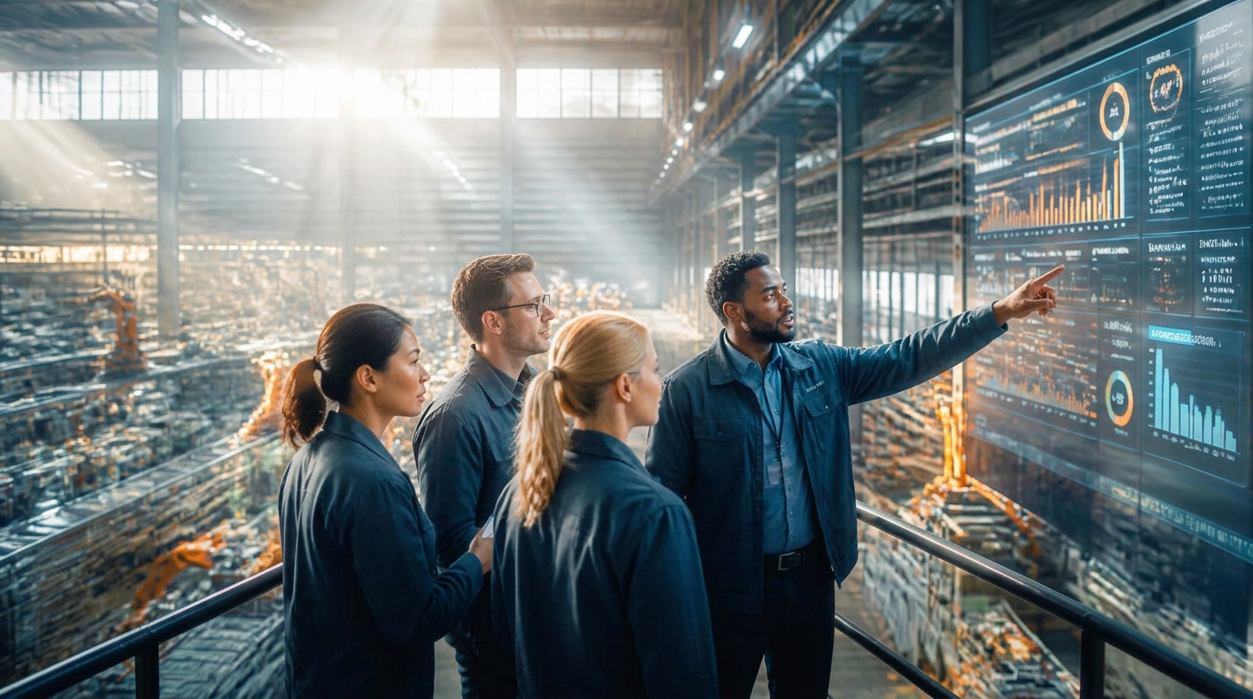 Plant and enterprise leaders reviewing operational performance together inside a manufacturing facility.
