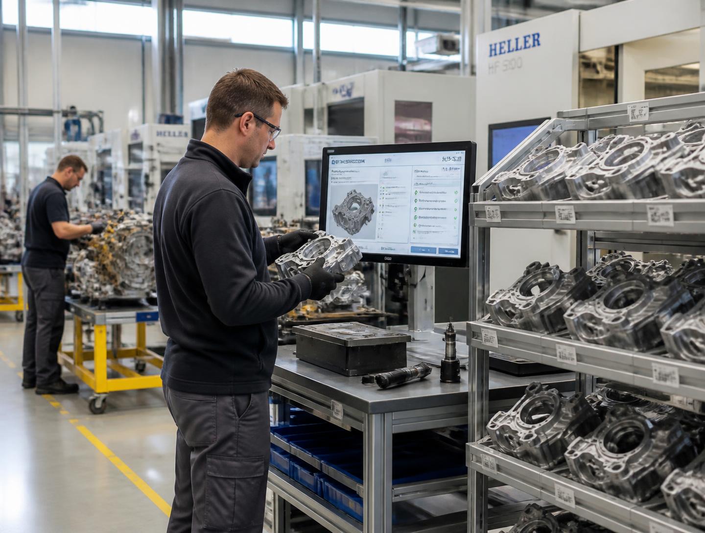Engineer checking a machined component against a work instruction on a component line.