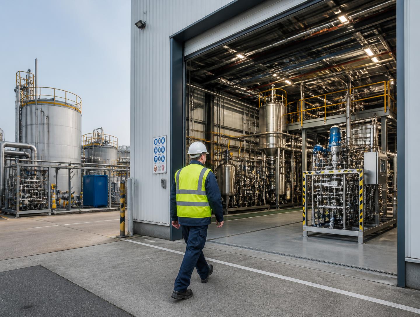 Process technician walking towards reactors and pipework at a chemical plant.