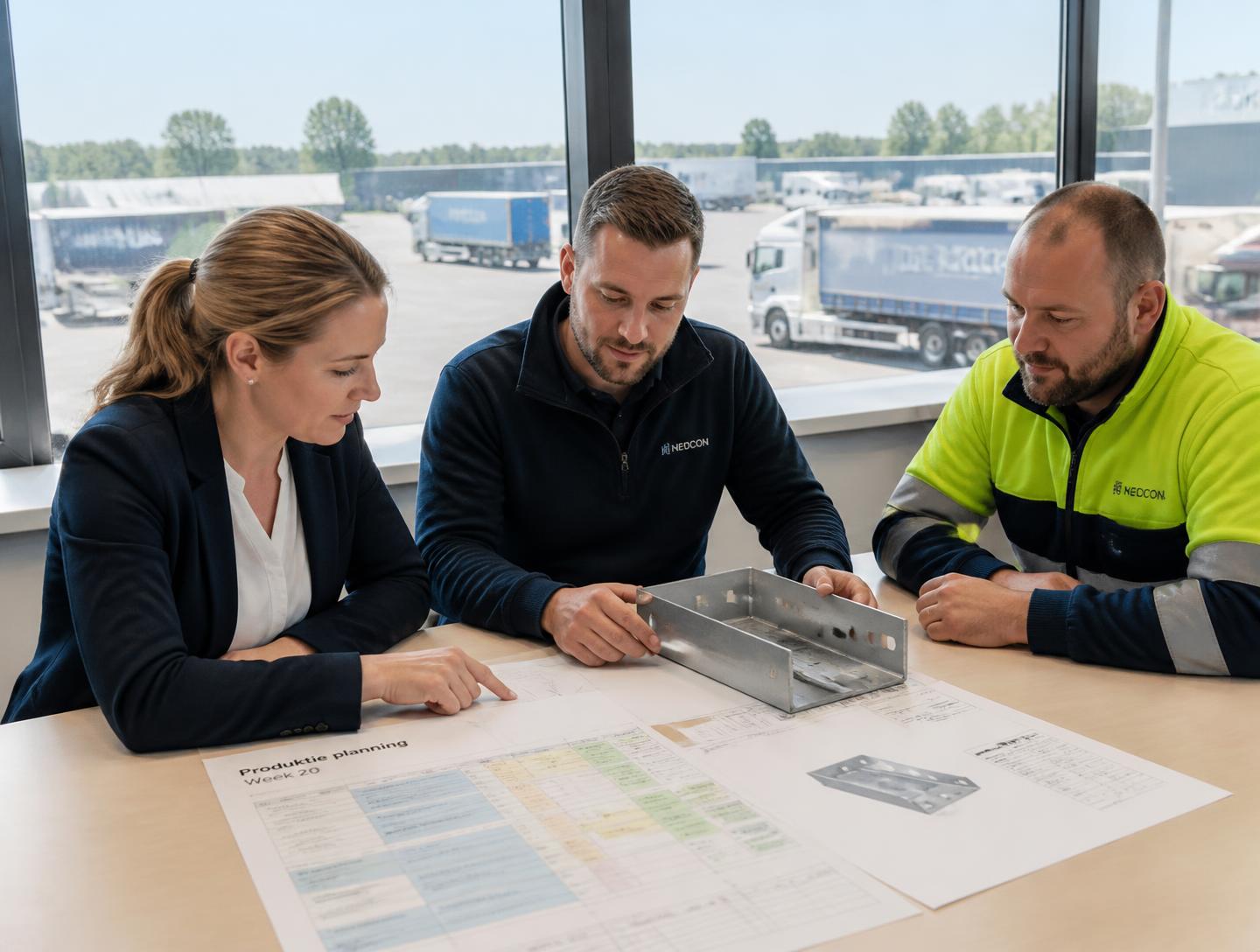 Planning and production colleagues discussing material and capacity constraints.