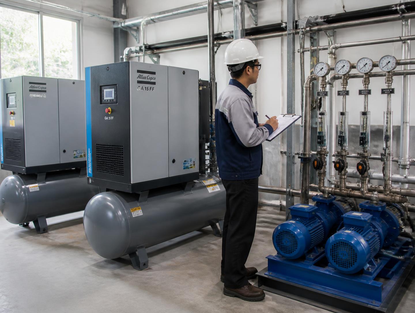 Utilities engineer reviewing equipment and energy measurements in a plant.