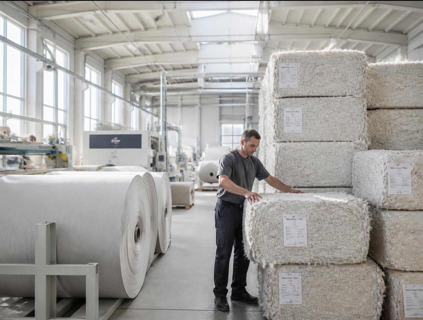 Worker checking labelled fiber bales beside large rolls in a bright production hall.