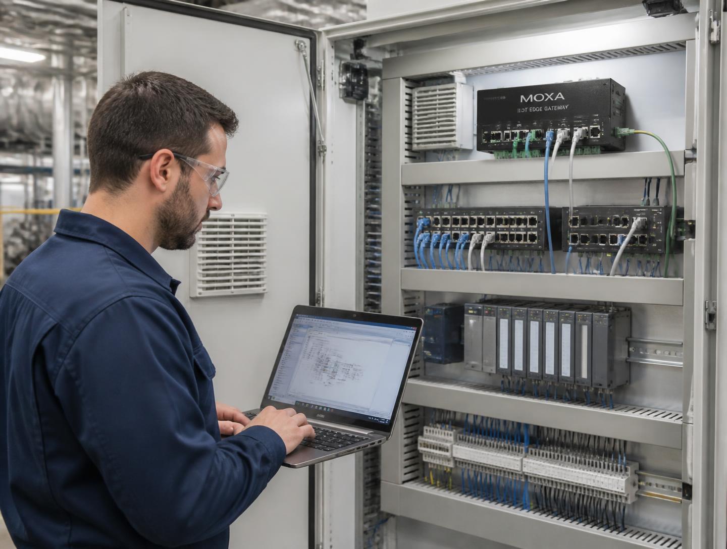 Engineer examining an edge gateway and control cabinet in a working plant.