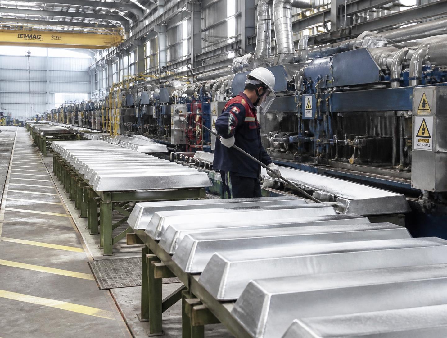 Cast metal billets leaving a non-ferrous casting line under plant lighting.