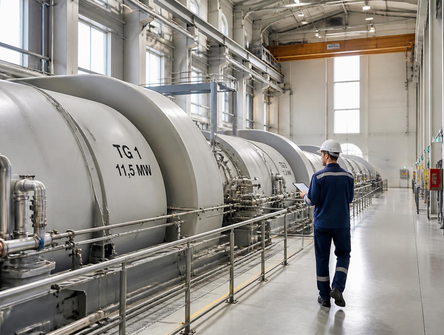 Engineer walking a turbine hall alongside generator sets.