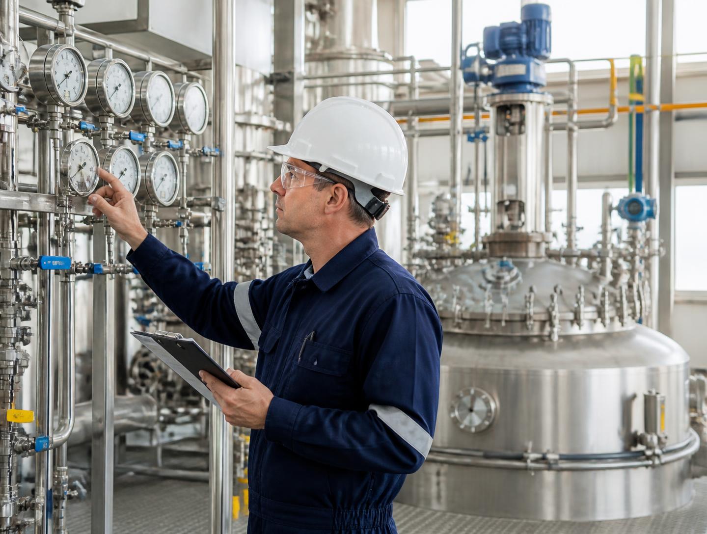 Process engineer reviewing operating conditions beside industrial equipment.