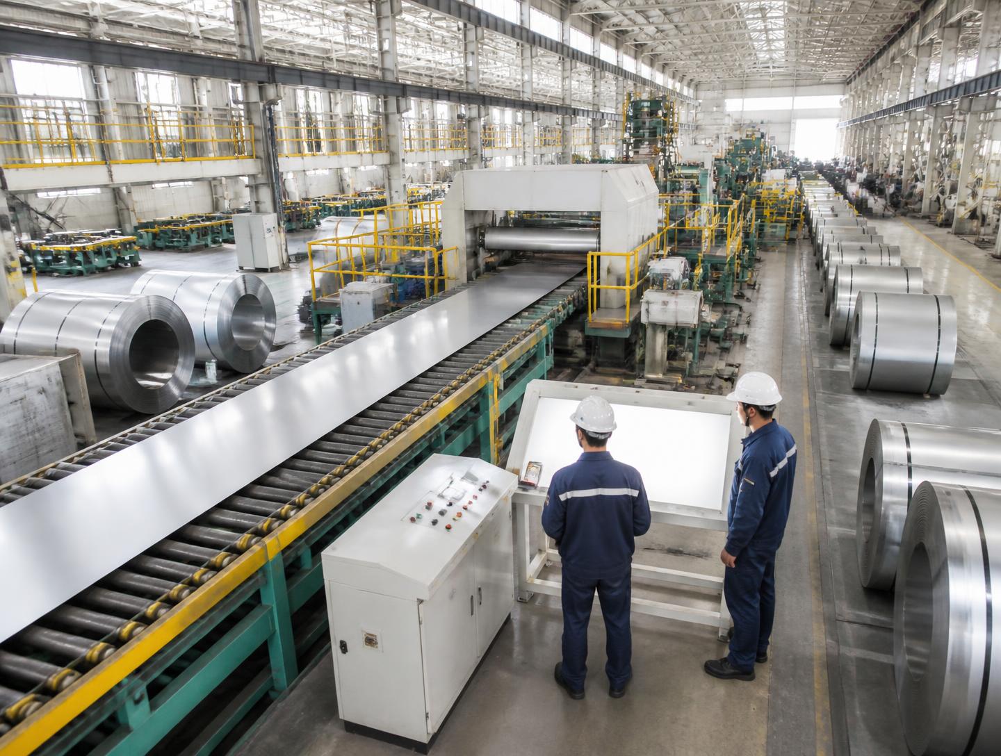 Operators watching strip pass through a steel finishing line beside stored coils.