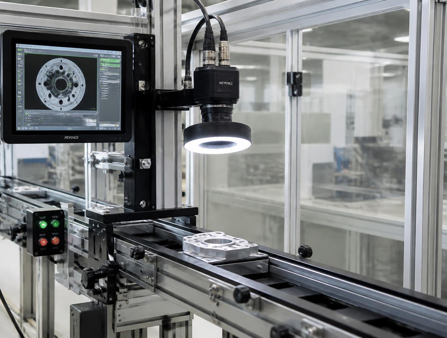 Camera-based inspection of a manufactured component under controlled lighting.