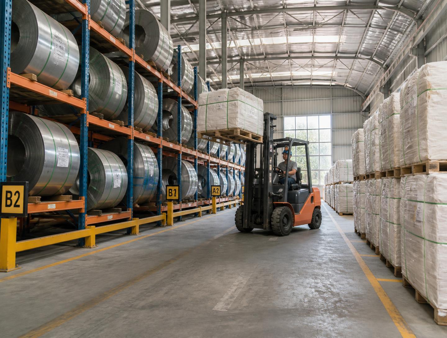 Industrial plant seen across production areas, storage and movement routes.
