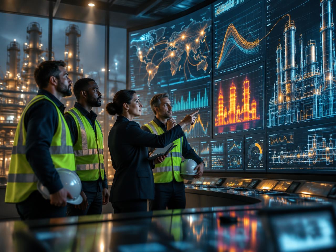 Operations and engineering leaders examining connected plant intelligence on a large control-room display.