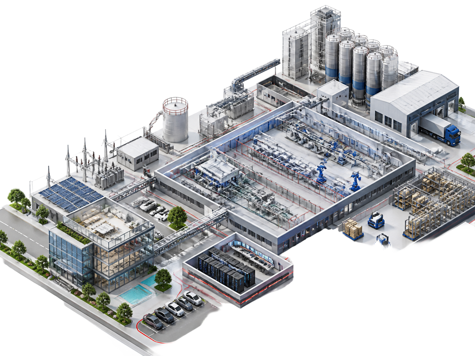 Isometric modern manufacturing ecosystem connected by Optimon intelligence