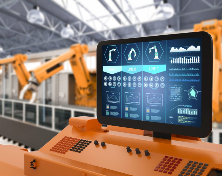 Automation factory concept with 3d rendering control panel screen with robotic arms