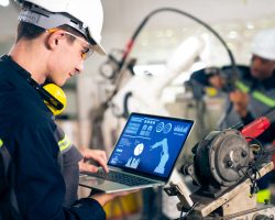 Young factory worker working with adept robotic arm