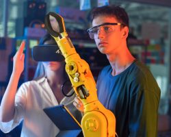 Teens doing experiments in robotics in a laboratory. Boy in protective glasses looking at a robot controlled by a girl hand. Red and blue illumination